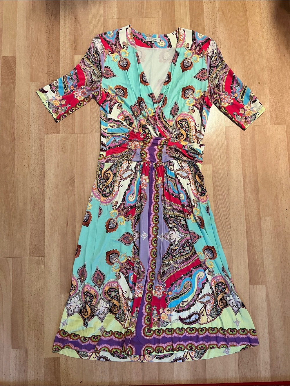 Vibrant Paisley Wrap-Style Dress in Aqua, Pink & Purple